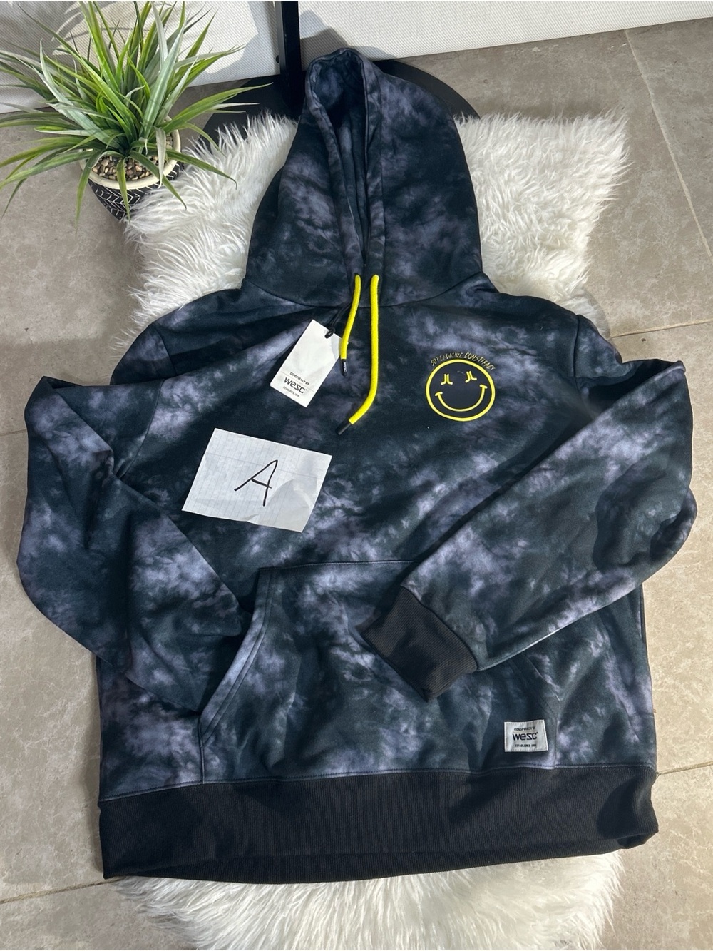 WESC Size XXL Green, black, gray Tie-Dye Hoodie with Yellow Smile Logo